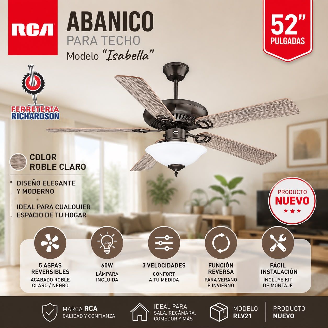 Abanico RCA Isabella roble claro